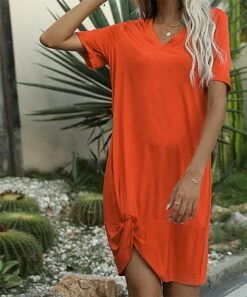 Best Sale 😉 Romantichut Orange V-Neck Twist-Front Shift 👗 Dress - 👩 Women 🔥 -Romantichut Sales zu103956812 alt 5 tm1647009260