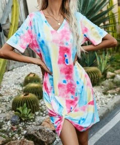Top 10 👏 Romantichut Blue & Pink Pastel Tie-Dye Twist-Front V-Neck T-Shirt 👗 Dress - 👩 Women ⌛ -Romantichut Sales zu103956863 alt 2 tm1647023228