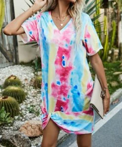 Top 10 👏 Romantichut Blue & Pink Pastel Tie-Dye Twist-Front V-Neck T-Shirt 👗 Dress - 👩 Women ⌛ -Romantichut Sales zu103956863 alt 3 tm1647023228
