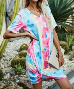 Top 10 👏 Romantichut Blue & Pink Pastel Tie-Dye Twist-Front V-Neck T-Shirt 👗 Dress - 👩 Women ⌛
