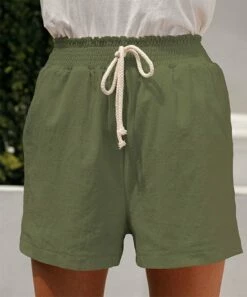 Budget 🤩 Romantichut Army Green Drawstring Pocket Shorts - 👩 Women 🔔