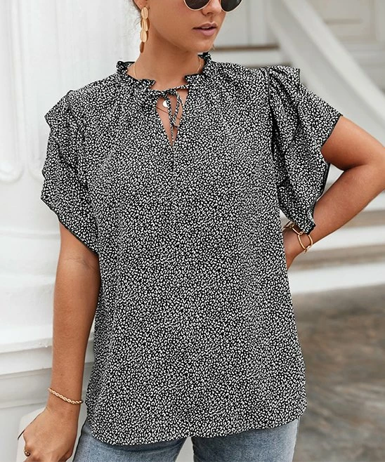 Brand new 🛒 Romantichut Black & White Leopard Tie-Accent Notch Neck Top - 👩 Women 😀 4 Brand new 🛒 Romantichut Black & White Leopard Tie-Accent Notch Neck Top - 👩 Women 😀 - Image 2