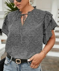 Brand new 🛒 Romantichut Black & White Leopard Tie-Accent Notch Neck Top - 👩 Women 😀