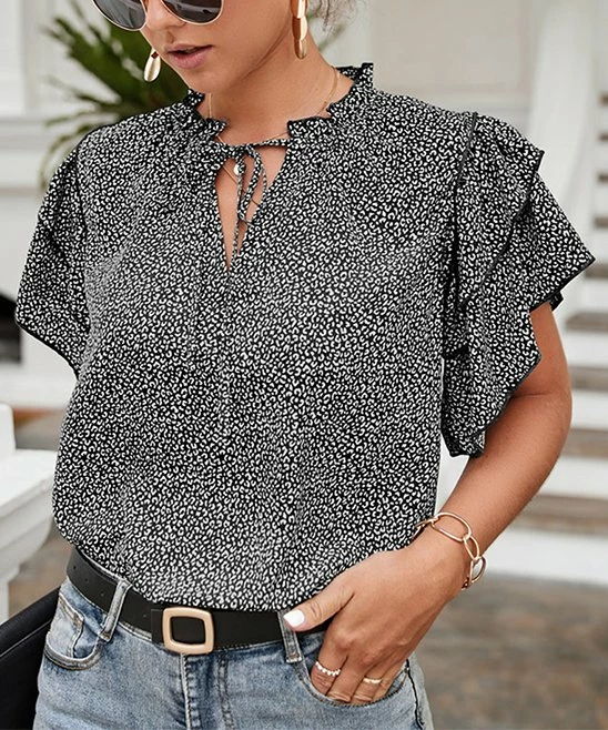 Brand new 🛒 Romantichut Black & White Leopard Tie-Accent Notch Neck Top - 👩 Women 😀 3 Brand new 🛒 Romantichut Black & White Leopard Tie-Accent Notch Neck Top - 👩 Women 😀