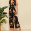 Hot Sale ⭐ Romantichut Black Floral Flutter-Sleeve Jumpsuit - 👩 Women 🎉 -Romantichut Sales zu104077865 main tm1647457593