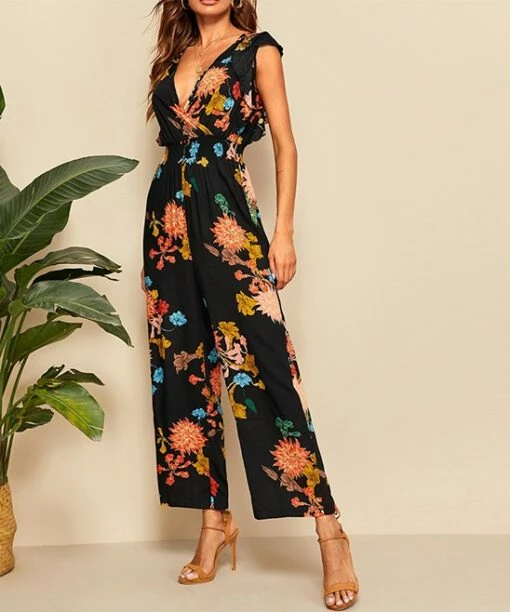 Hot Sale ⭐ Romantichut Black Floral Flutter-Sleeve Jumpsuit - 👩 Women 🎉 -Romantichut Sales zu104077865 main tm1647457593