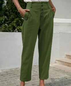Best Sale 🥰 Romantichut Army Green Button-Front High-Waist Pants - 👩 Women 🥰