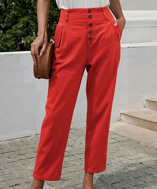 Buy ✔️ Romantichut Red Button-Accent High-Waist Pants - 👩 Women ❤️ 5 Buy ✔️ Romantichut Red Button-Accent High-Waist Pants - 👩 Women ❤️ - Image 3