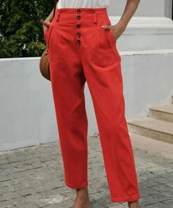 Buy ✔️ Romantichut Red Button-Accent High-Waist Pants - 👩 Women ❤️
