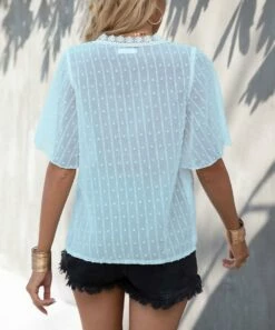 Best deal 😉 Romantichut Light Blue Swiss Dot Bell Sleeve V-Neck Blouse - 👩 Women 😀 -Romantichut Sales zu104092975 alt 3 tm1647383904