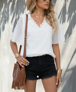 Cheap 🛒 Romantichut White Swiss Dot Lace-Overlay V-Neck Top - 👩 Women 🤩 8 Cheap 🛒 Romantichut White Swiss Dot Lace-Overlay V-Neck Top - 👩 Women 🤩 -Romantichut Sales zu104100064 alt 2 tm1647457593