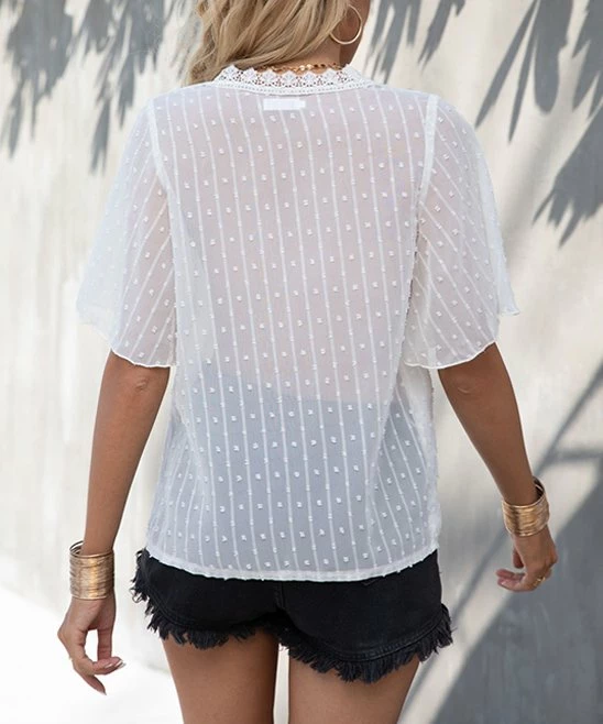 Cheap 🛒 Romantichut White Swiss Dot Lace-Overlay V-Neck Top - 👩 Women 🤩 6 Cheap 🛒 Romantichut White Swiss Dot Lace-Overlay V-Neck Top - 👩 Women 🤩 - Image 4