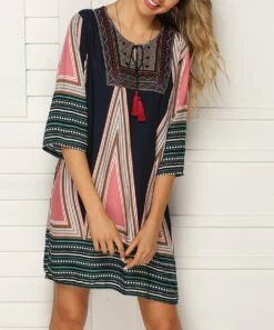 Cheapest 🧨 Romantichut Pink & Black Geometric Tassel-Tie Keyhole Caftan - 👩 Women 🥰 -Romantichut Sales zu104592300 alt 2 tm1648733212