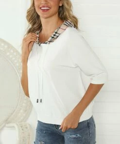 Flash Sale 🎉 Romantichut White Plaid-Accent Three-Quarter Sleeve Hoodie - 👩 Women 👏 -Romantichut Sales zu104592352 alt 2 tm1648764143