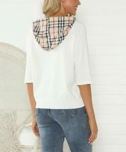Flash Sale 🎉 Romantichut White Plaid-Accent Three-Quarter Sleeve Hoodie - 👩 Women 👏 -Romantichut Sales zu104592352 alt 3 tm1648764143