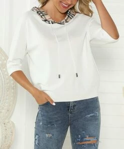 Flash Sale 🎉 Romantichut White Plaid-Accent Three-Quarter Sleeve Hoodie - 👩 Women 👏