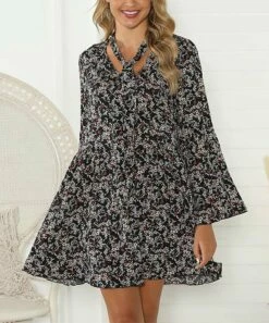 Best Sale 🛒 Romantichut Black Floral Long-Sleeve Shift 👗 Dress - 👩 Women ⌛ -Romantichut Sales zu104592582 alt 4 tm1649099641