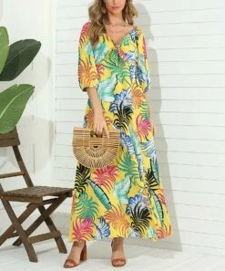 Coupon 🎉 Romantichut Yellow & Pink Tropical Leaf Three-Quarter Sleeve Maxi 👗 Dress - 👩 Women ❤️ -Romantichut Sales zu104596672 alt 2 tm1648590045