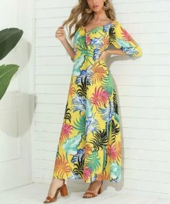 Coupon 🎉 Romantichut Yellow & Pink Tropical Leaf Three-Quarter Sleeve Maxi 👗 Dress - 👩 Women ❤️
