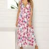 Best Pirce ❤️ Romantichut Pink Floral Tie-Strap Deep V-Neck Maxi 👗 Dress - 👩 Women 🎉 -Romantichut Sales zu104615807 main tm1649164994