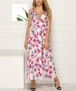 Best Pirce ❤️ Romantichut Pink Floral Tie-Strap Deep V-Neck Maxi 👗 Dress - 👩 Women 🎉