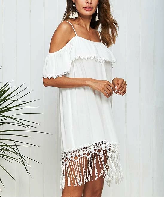 Best Sale 🤩 Romantichut White Lace Fringe-Hem Off-Shoulder 👗 Dress - 👩 Women ✨ 4 Best Sale 🤩 Romantichut White Lace Fringe-Hem Off-Shoulder 👗 Dress - 👩 Women ✨ - Image 2
