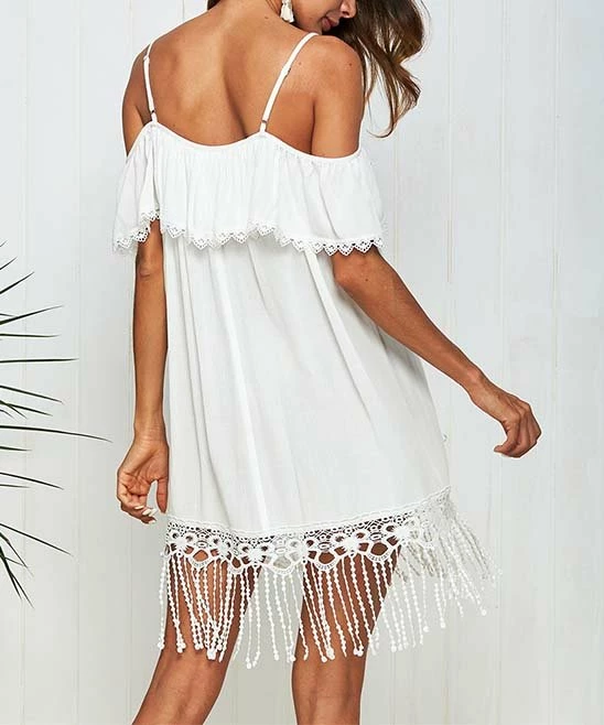 Best Sale 🤩 Romantichut White Lace Fringe-Hem Off-Shoulder 👗 Dress - 👩 Women ✨ 7 Best Sale 🤩 Romantichut White Lace Fringe-Hem Off-Shoulder 👗 Dress - 👩 Women ✨ - Image 5