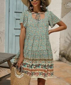 Best Sale 🔥 Romantichut Green & Orange Floral Flutter-Sleeve Shift 👗 Dress - 👩 Women 🤩
