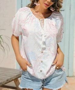 Best Sale 🎁 Romantichut White & Pink Floral Tassel Puff-Sleeve Button-Up Top - 👩 Women 👏 7 Best Sale 🎁 Romantichut White & Pink Floral Tassel Puff-Sleeve Button-Up Top - 👩 Women 👏 -Romantichut Sales zu105019979 alt 1 tm1650391488