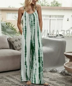 Best deal 🔥 Romantichut Green Tie-Dye Pocket Sleeveless Wide-Leg Jumpsuit - 👩 Women ⌛ -Romantichut Sales zu105062603 alt 2 tm1650285292