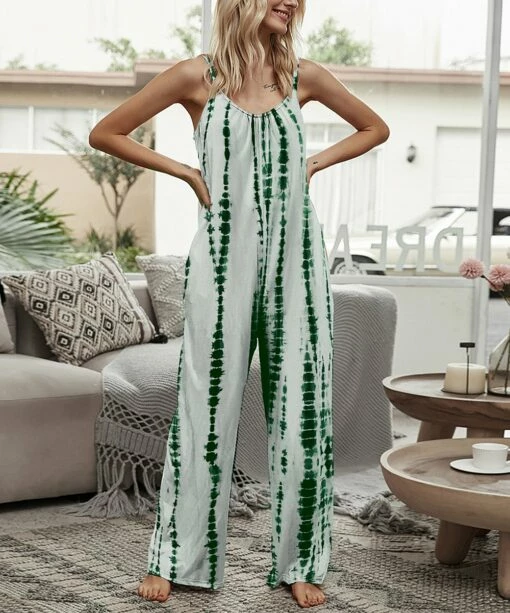 Best deal 🔥 Romantichut Green Tie-Dye Pocket Sleeveless Wide-Leg Jumpsuit - 👩 Women ⌛ -Romantichut Sales zu105062603 main tm1650285292