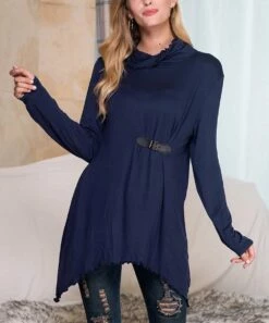 Outlet ✨ Romantichut Deep Blue Lettuce-Hem Mock Neck Long-Sleeve Top - 👩 Women ⌛ -Romantichut Sales zu105065787 alt 2 tm1652116365