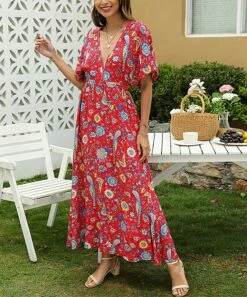 Buy 🛒 Romantichut Red Floral V-Neck Maxi 👗 Dress - 👩 Women ✔️ -Romantichut Sales zu105065876 alt 2 tm1650458445