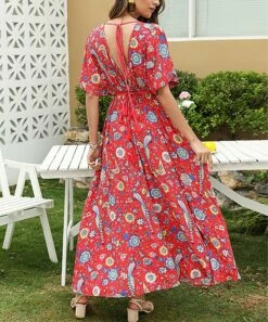 Buy 🛒 Romantichut Red Floral V-Neck Maxi 👗 Dress - 👩 Women ✔️ -Romantichut Sales zu105065876 alt 4 tm1650458445