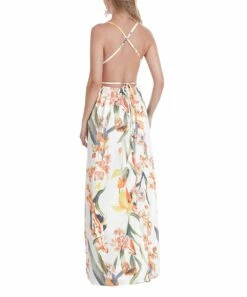 Budget 🔥 Romantichut White & Orange Floral Backless Split-Hem V-Neck Maxi 👗 Dress - 👩 Women 🥰 -Romantichut Sales zu105101739 alt 3 tm1650543807