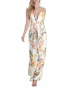 Budget 🔥 Romantichut White & Orange Floral Backless Split-Hem V-Neck Maxi 👗 Dress - 👩 Women 🥰