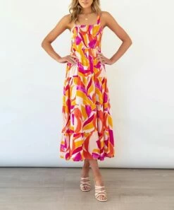 Cheapest 🛒 Romantichut Orange & Pink Geometric Sleeveless Maxi 👗 Dress - 👩 Women ❤️