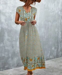 Deals 🎁 Romantichut Apricot Floral Patchwork V-Neck Maxi 👗 Dress - 👩 Women 💯 -Romantichut Sales zu105423716 alt 2 tm1651759869