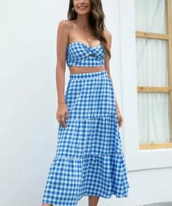 Best Pirce 😀 Romantichut Blue & White Gingham Ruffle-Hem Peasant 👗 Skirt - 👩 Women 👏 -Romantichut Sales zu105427577 alt 2 tm1651156043
