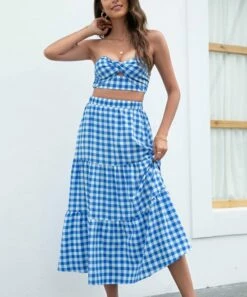 Best Pirce 😀 Romantichut Blue & White Gingham Ruffle-Hem Peasant 👗 Skirt - 👩 Women 👏