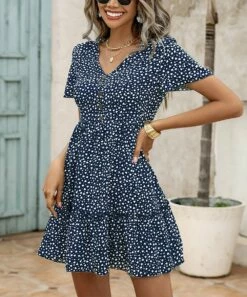 Best Pirce 😀 Romantichut Blue & White Heart Button-Front Ruffle-Hem V-Neck 👗 Dress - 👩 Women 😀 -Romantichut Sales zu105566891 alt 3 tm1652652920