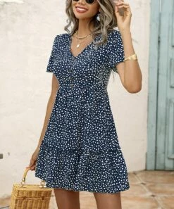 Best Pirce 😀 Romantichut Blue & White Heart Button-Front Ruffle-Hem V-Neck 👗 Dress - 👩 Women 😀