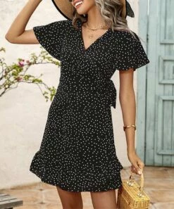 Top 10 😍 Romantichut Black Polka Dot Ruffle-Hem Wrap 👗 Dress - 👩 Women 🌟