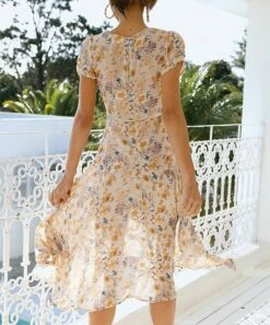 Flash Sale 😍 Romantichut Apricot & Blue Floral Ruched Short-Sleeve V-Neck A-Line 👗 Dress - 👩 Women 🎁 -Romantichut Sales zu105628965 alt 2 tm1651777373