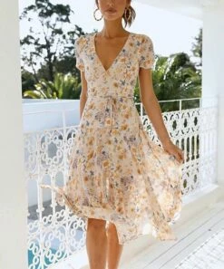 Flash Sale 😍 Romantichut Apricot & Blue Floral Ruched Short-Sleeve V-Neck A-Line 👗 Dress - 👩 Women 🎁