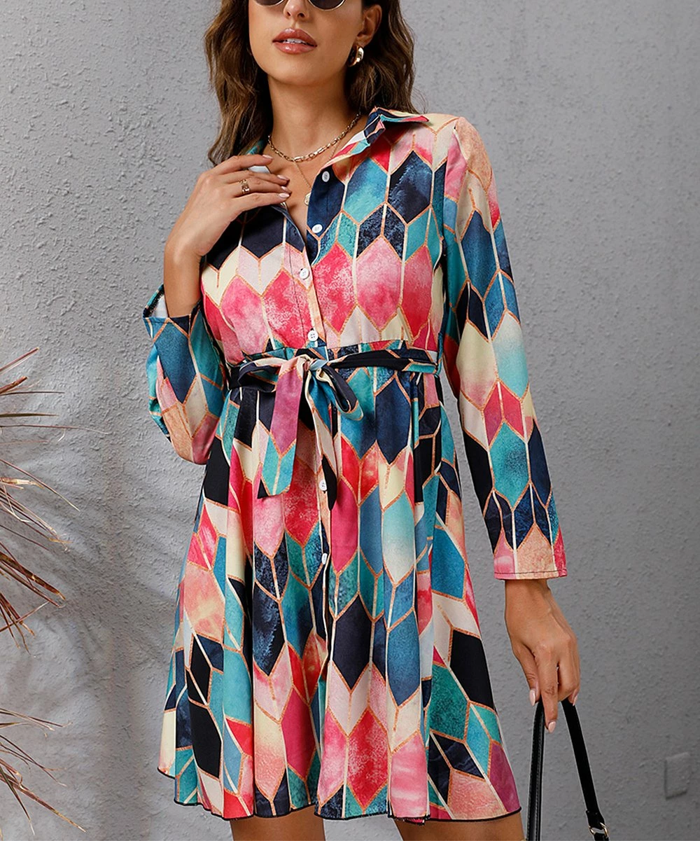 Deals 👍 Romantichut Pink & Blue Geometric Long-Sleeve Tie-Waist 👗 Dress - 👩 Women ❤️ 4 Deals 👍 Romantichut Pink & Blue Geometric Long-Sleeve Tie-Waist 👗 Dress - 👩 Women ❤️ - Image 2