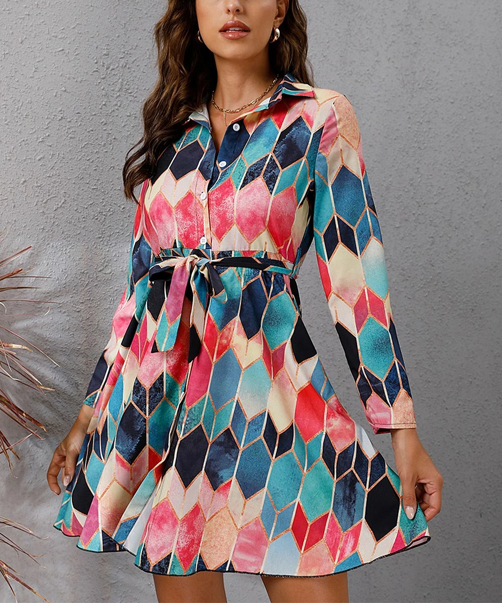 Deals 👍 Romantichut Pink & Blue Geometric Long-Sleeve Tie-Waist 👗 Dress - 👩 Women ❤️ 3 Deals 👍 Romantichut Pink & Blue Geometric Long-Sleeve Tie-Waist 👗 Dress - 👩 Women ❤️