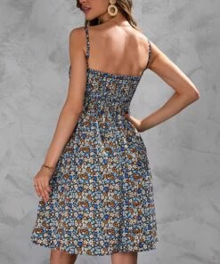 Cheapest ❤️ Romantichut Blue & Orange Multicolor Floral Ruched Sleeveless 👗 Dress - 👩 Women 🤩 -Romantichut Sales zu105629785 alt 2 tm1652302238