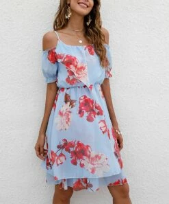 Flash Sale 🔥 Romantichut Blue & Red Floral Off-Shoulder 👗 Dress - 👩 Women 🛒 -Romantichut Sales zu105638504 alt 2 tm1651840744