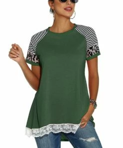 Wholesale 🤩 Romantichut Green Leopard Stripe Lace-Hem Raglan Tee - 👩 Women 👏